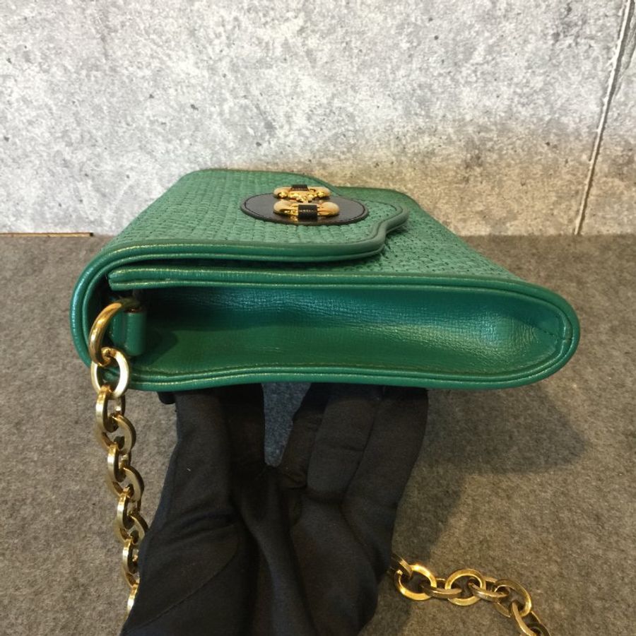GUCCI 古馳 綠色草編拼皮革馬銜扣粗鍊包 /斜背包/手拿包-2
