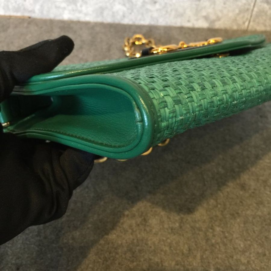 GUCCI 古馳 綠色草編拼皮革馬銜扣粗鍊包 /斜背包/手拿包-4