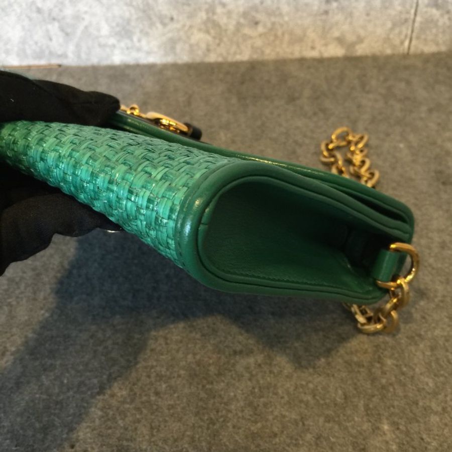 GUCCI 古馳 綠色草編拼皮革馬銜扣粗鍊包 /斜背包/手拿包-5