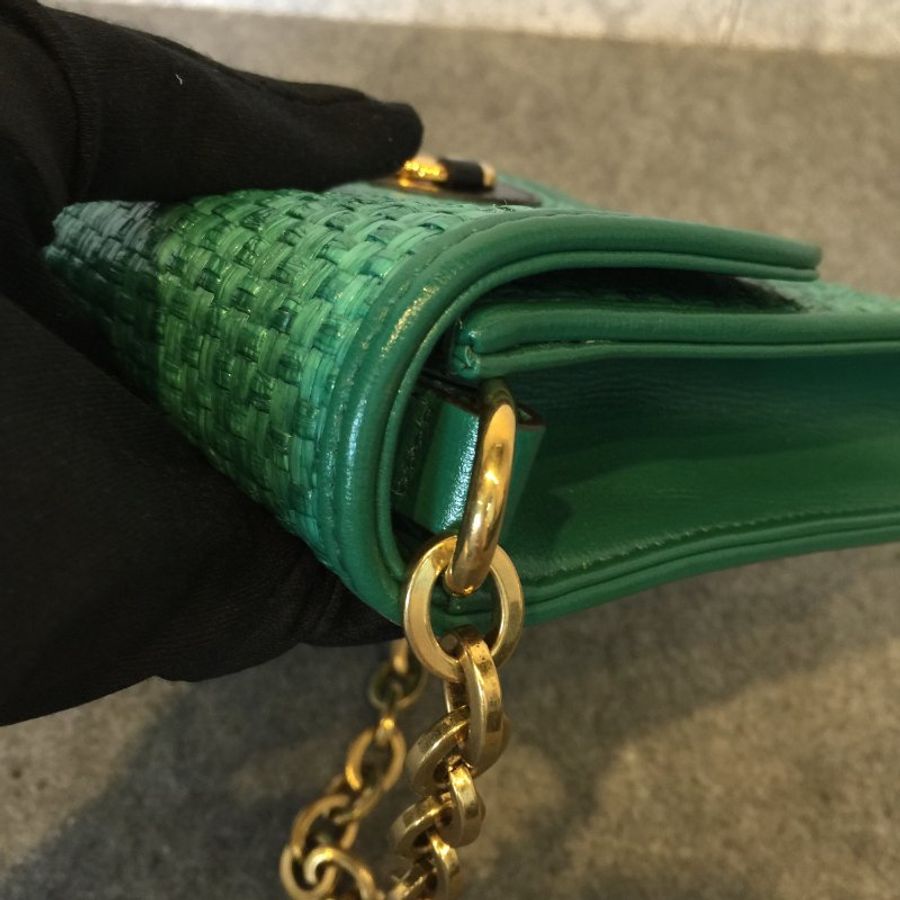 GUCCI 古馳 綠色草編拼皮革馬銜扣粗鍊包 /斜背包/手拿包-7