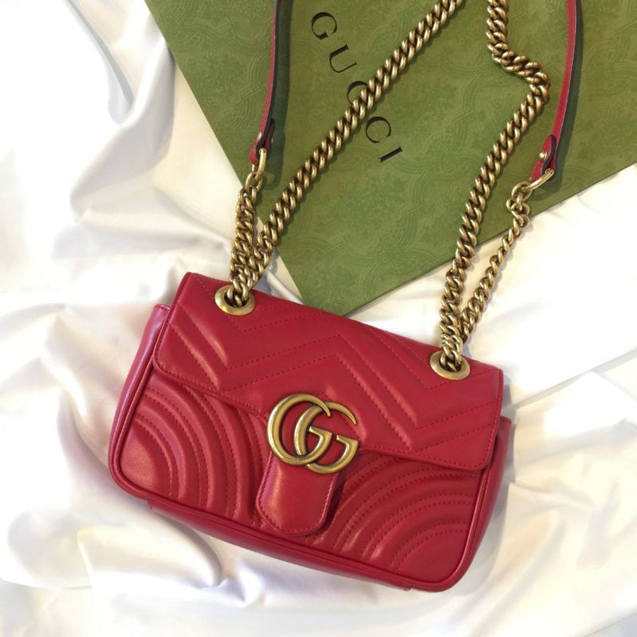 GUCCI古馳 紅色 全皮 縫線 迷你馬蒙Marmont 金鍊斜背包 /肩背包-0