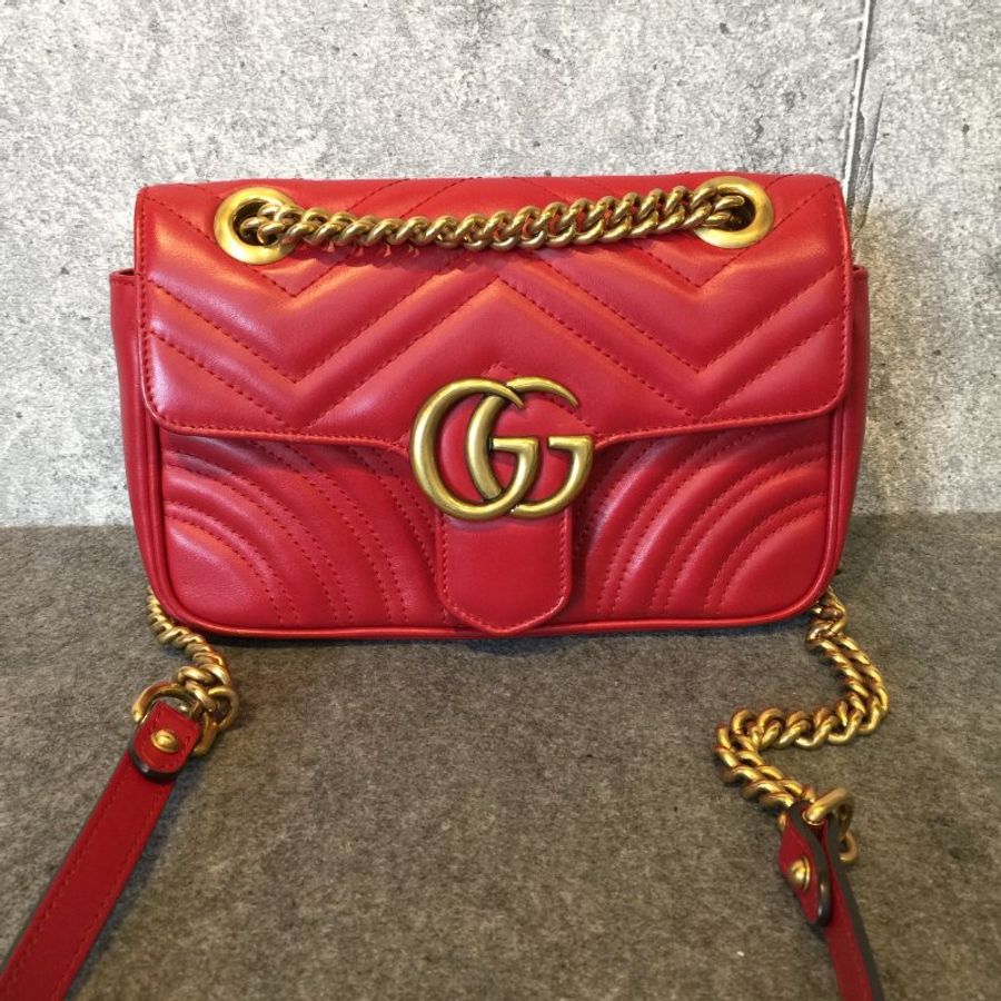 GUCCI古馳 紅色 全皮 縫線 迷你馬蒙Marmont 金鍊斜背包 /肩背包-1