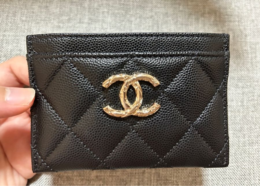 🌹CHANEL 香奈兒🌹經典品牌LOGO菱格粒紋牛皮萬用卡夾黑色-9