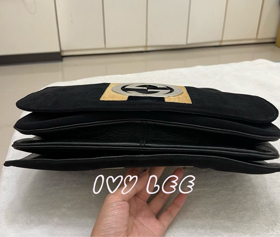 GUCCI 古馳 絲絨 皮革 肩背包 手提包 米色條紋 115746 二手精品-2