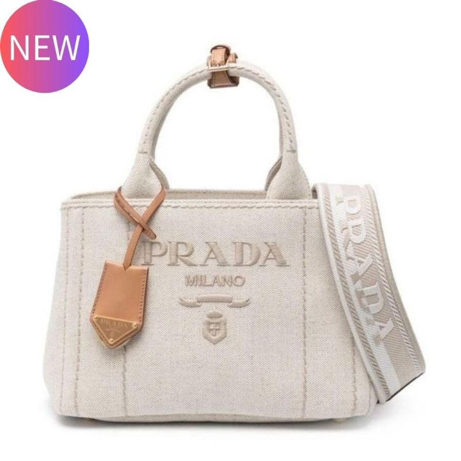 "限時降價 夏季折扣"-Prada 1BG464 標誌刺繡帆布托特包 自然米色《2024季度★全新商品 》-0