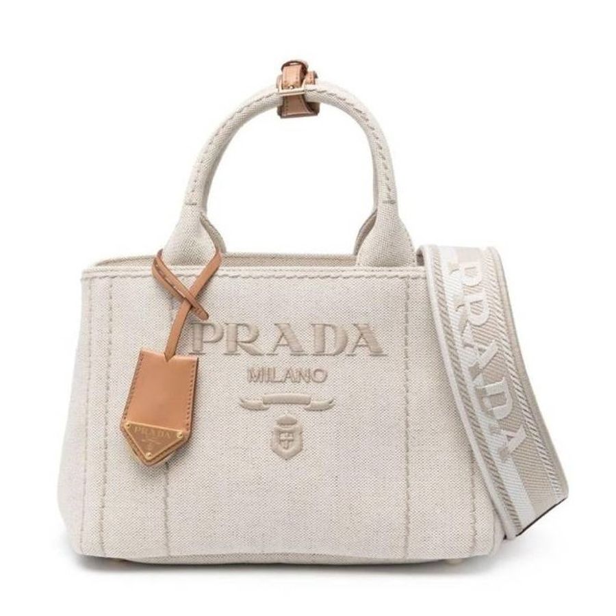 "限時降價 夏季折扣"-Prada 1BG464 標誌刺繡帆布托特包 自然米色《2024季度★全新商品 》-1