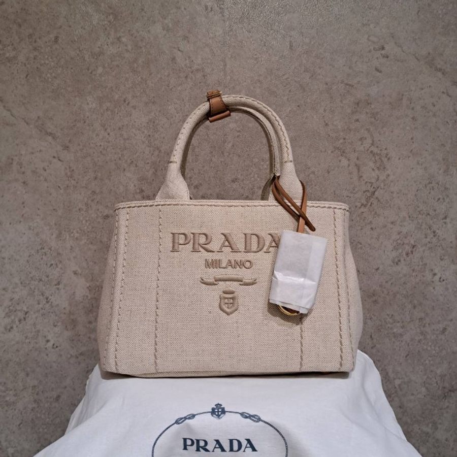 "限時降價 夏季折扣"-Prada 1BG464 標誌刺繡帆布托特包 自然米色《2024季度★全新商品 》-3