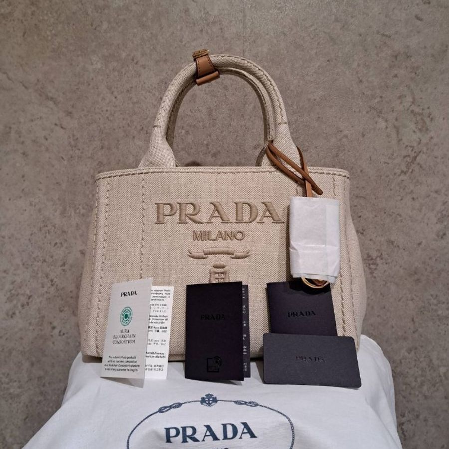 "限時降價 夏季折扣"-Prada 1BG464 標誌刺繡帆布托特包 自然米色《2024季度★全新商品 》-4