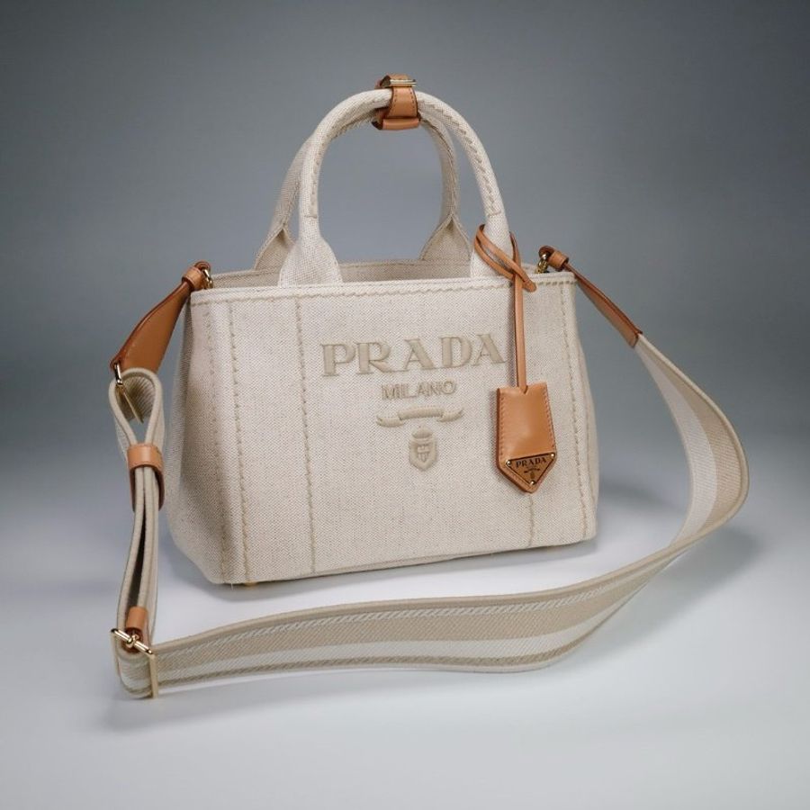 "限時降價 夏季折扣"-Prada 1BG464 標誌刺繡帆布托特包 自然米色《2024季度★全新商品 》-9
