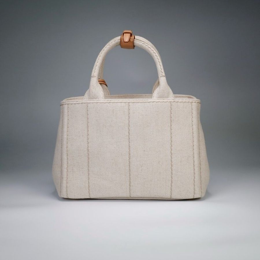 "限時降價 夏季折扣"-Prada 1BG464 標誌刺繡帆布托特包 自然米色《2024季度★全新商品 》-10