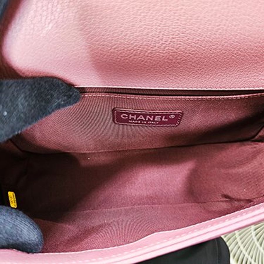 CHANEL藕粉色牛皮拼漆皮復古銀錬BOY CHANEL 二用包 25CM A67086-5