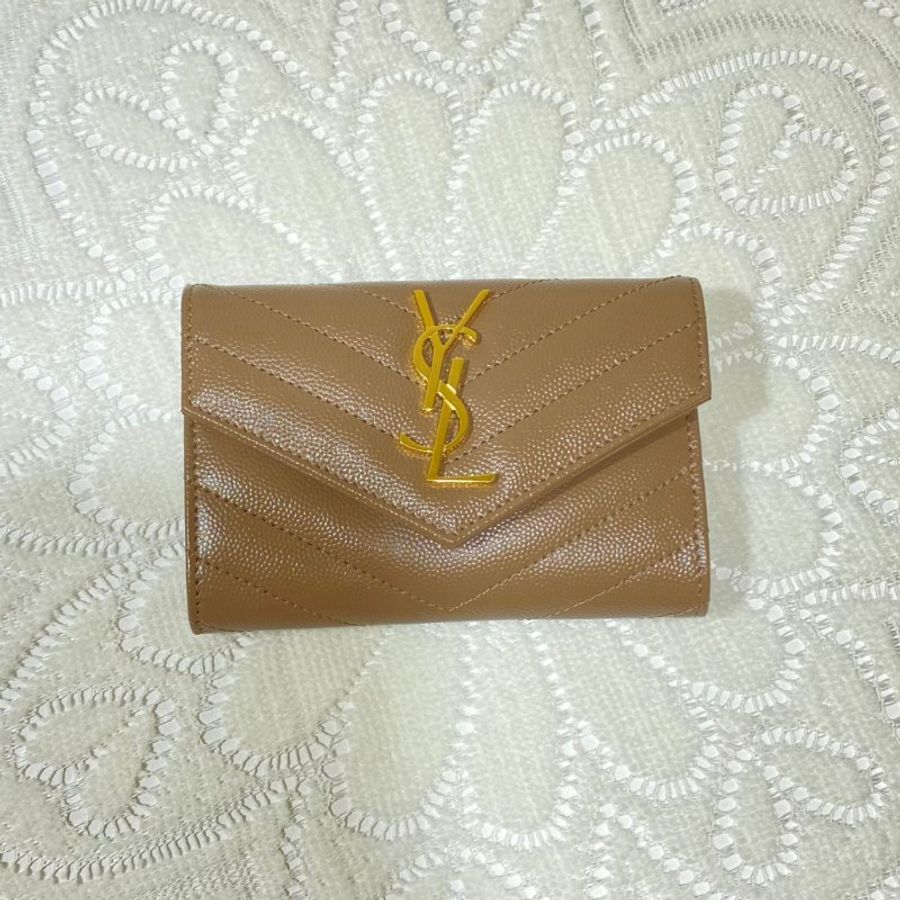 YSL Cassandre Matelassé Small Envelope Wallet In Grain De Poudre Embossed Leather Taupe-0