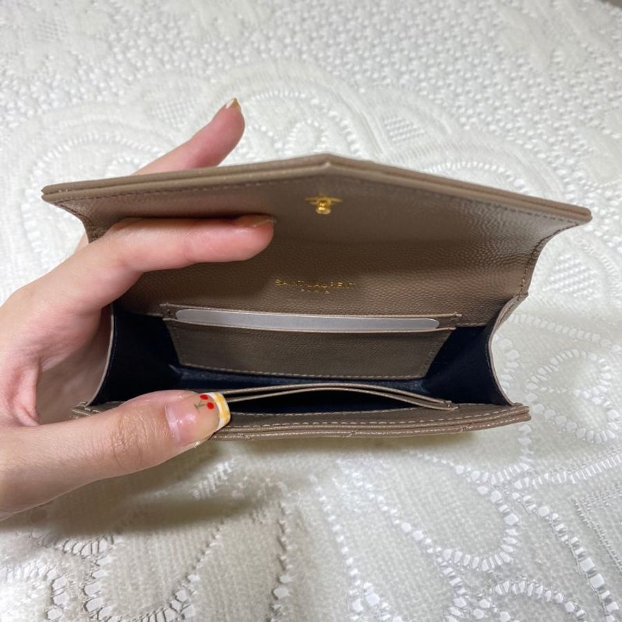 YSL Cassandre Matelassé Small Envelope Wallet In Grain De Poudre Embossed Leather Taupe-2