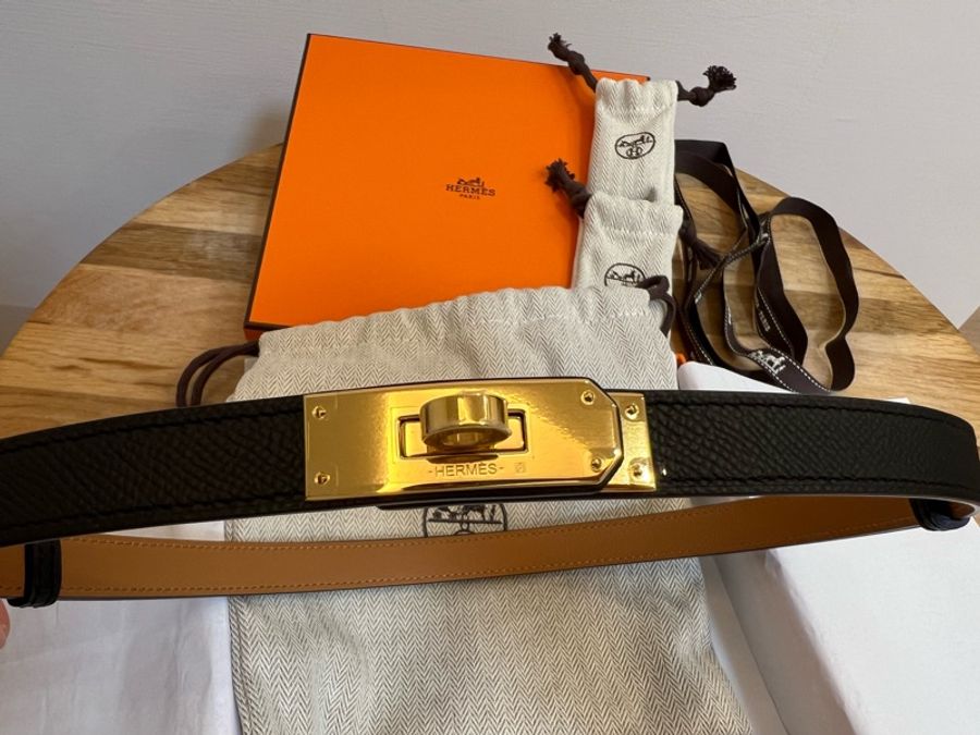 全新Hermes Kelly 黑色/金釦 皮帶-0