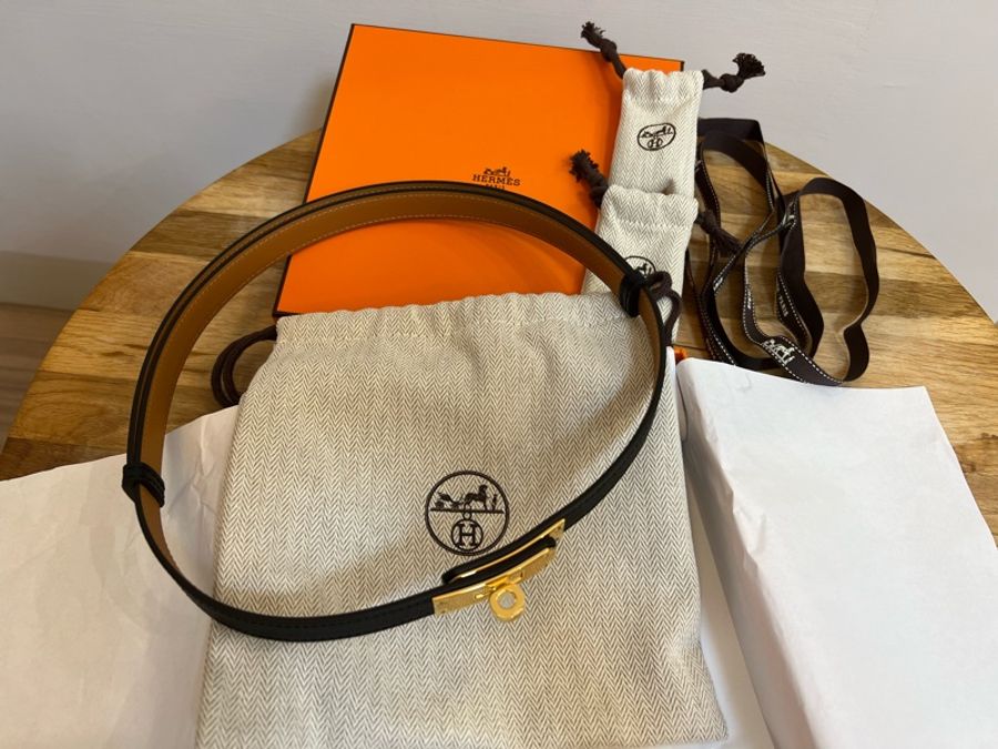 全新Hermes Kelly 黑色/金釦 皮帶-1