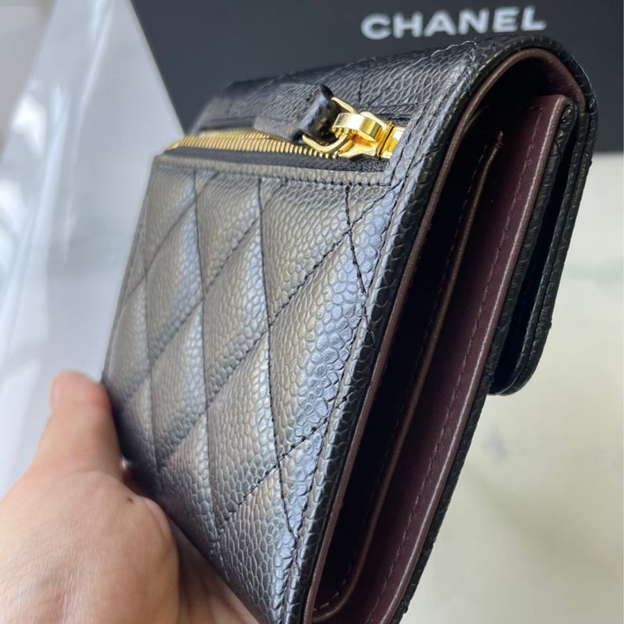 全新*Chanel經典口蓋三折短夾 黑金荔枝皮(膠膜未撕)-14