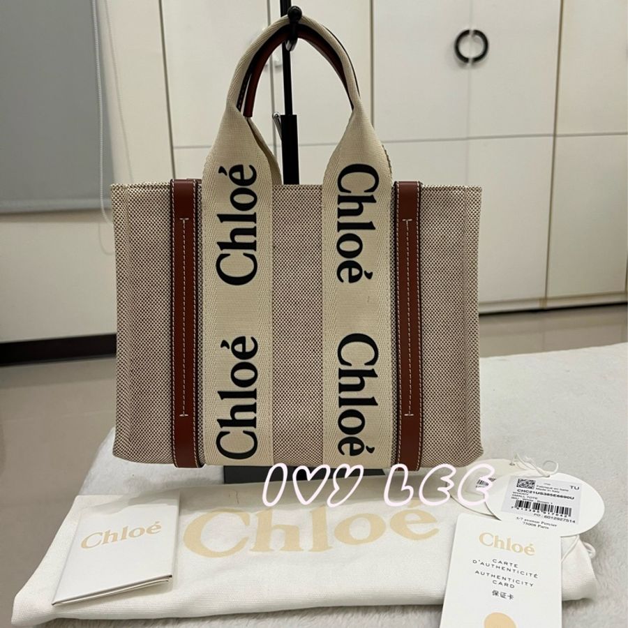 Chloe WOODY small tote 帆布皮革 褐色 棕色米白色 手提包 二手精品-0