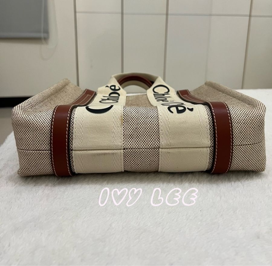 Chloe WOODY small tote 帆布皮革 褐色 棕色米白色 手提包 二手精品-2