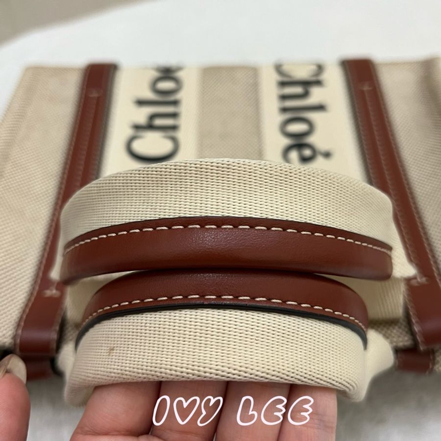 Chloe WOODY small tote 帆布皮革 褐色 棕色米白色 手提包 二手精品-3
