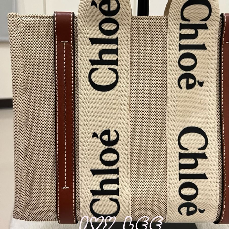 Chloe WOODY small tote 帆布皮革 褐色 棕色米白色 手提包 二手精品-18