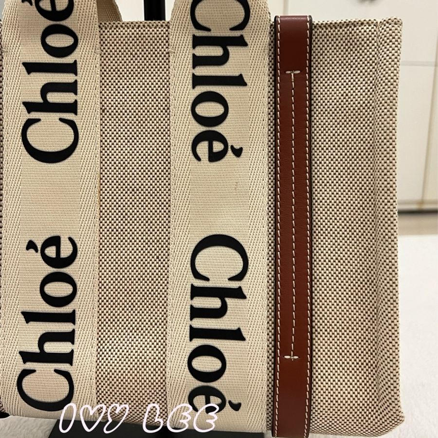 Chloe WOODY small tote 帆布皮革 褐色 棕色米白色 手提包 二手精品-19