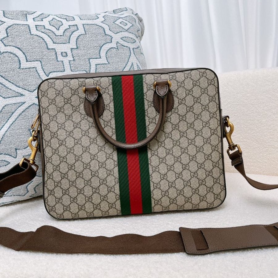 GUCCI 經典Ophidia系列帆布印花綠紅綠織帶皮革飾邊拉鍊公事包-1