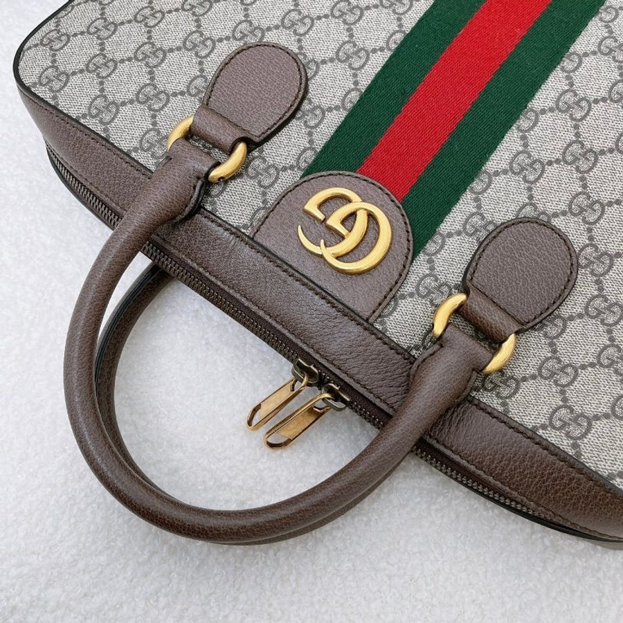 GUCCI 經典Ophidia系列帆布印花綠紅綠織帶皮革飾邊拉鍊公事包-12
