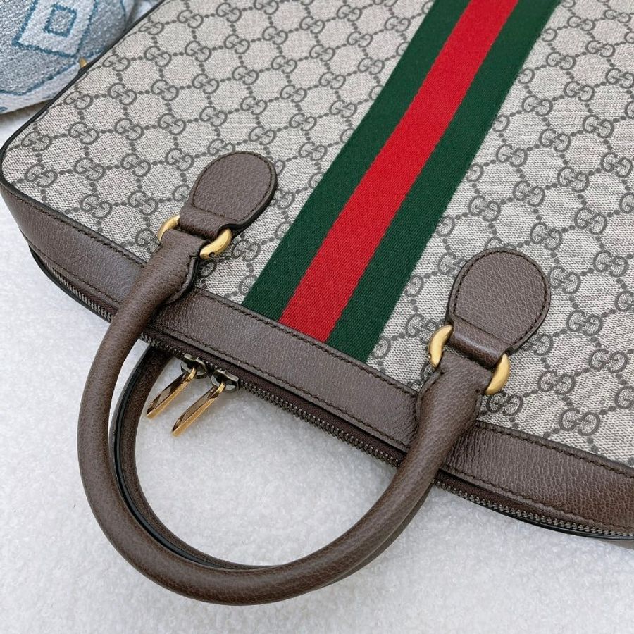 GUCCI 經典Ophidia系列帆布印花綠紅綠織帶皮革飾邊拉鍊公事包-14