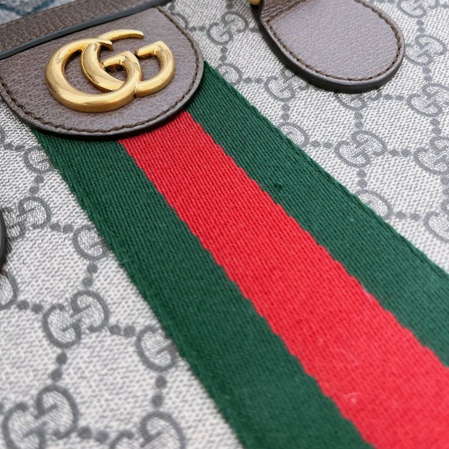 GUCCI 經典Ophidia系列帆布印花綠紅綠織帶皮革飾邊拉鍊公事包-15