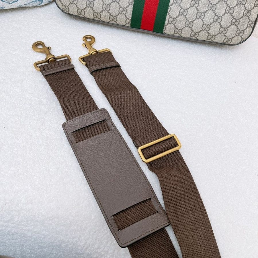 GUCCI 經典Ophidia系列帆布印花綠紅綠織帶皮革飾邊拉鍊公事包-16