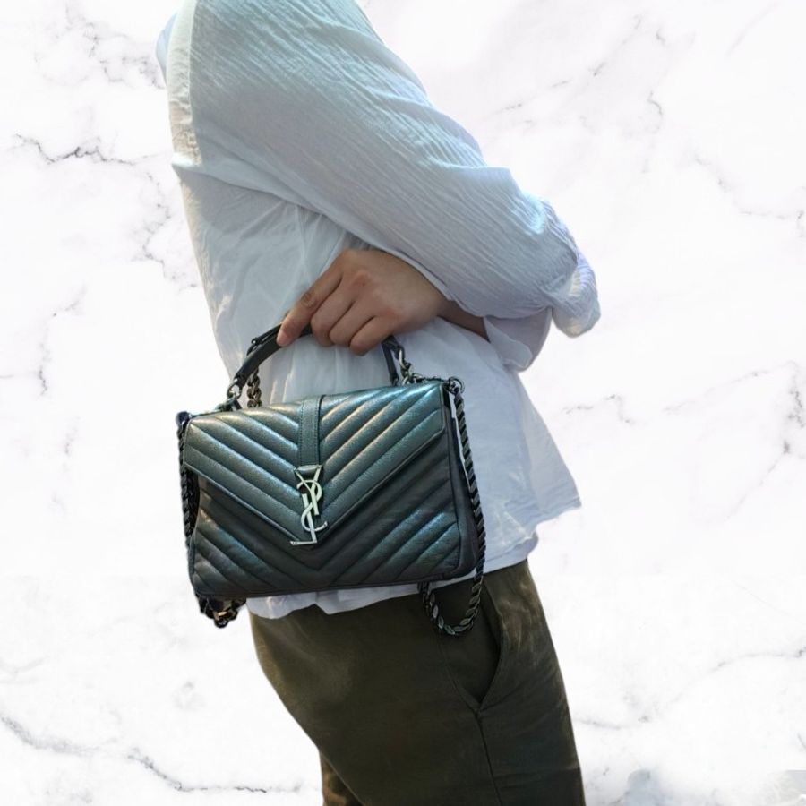 【🐍蛇吧拉系】🧧新春甜甜價至2/3🧧㊣✨YSL✨SAINT LAURENT 聖羅蘭 中型 深灰色 大象灰 山形紋 牛皮 掀蓋 仿舊銀 學院包 鏈條包 信封包 肩背包 斜背包 手提包/二手包/保證正品🌳二手樹屋🌳-63