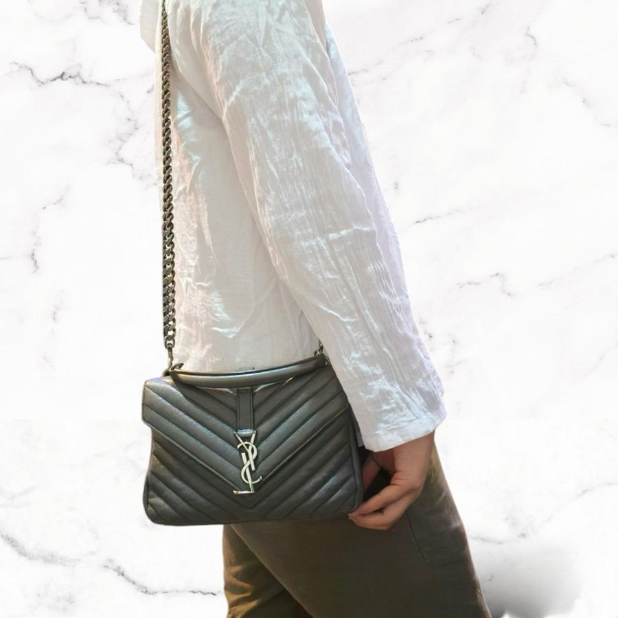 【🐍蛇吧拉系】🧧新春甜甜價至2/3🧧㊣✨YSL✨SAINT LAURENT 聖羅蘭 中型 深灰色 大象灰 山形紋 牛皮 掀蓋 仿舊銀 學院包 鏈條包 信封包 肩背包 斜背包 手提包/二手包/保證正品🌳二手樹屋🌳-64