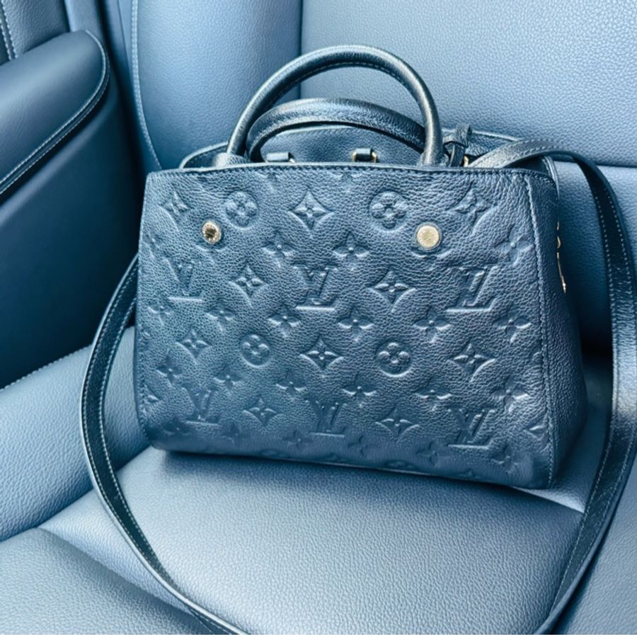 LV Louis Vuitton 經典黑色蒙田包 壓紋全皮革Montaigne BB肩背包手提包-33