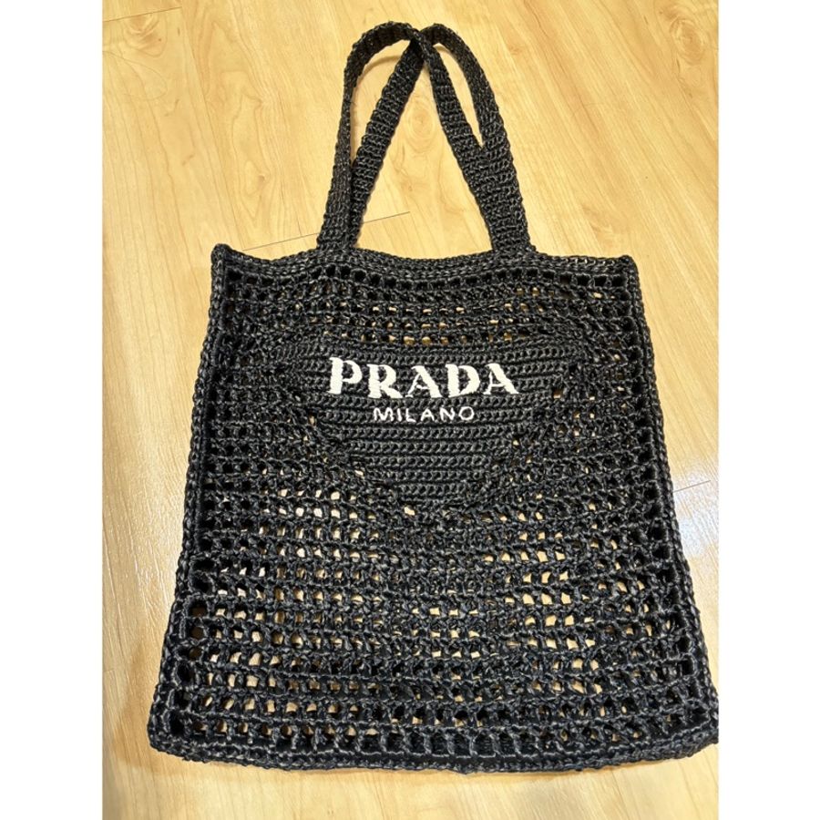 Prada 拉菲草編織包/草編包/肩背包/手提包(黑色)-5