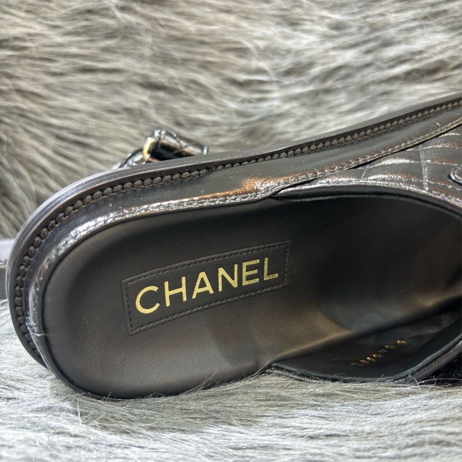 CHANEL G45507 LOGO 雙C金釦 黑色 牛皮 菱格紋 皮穿鍊 勃肯鞋 拖鞋 平底鞋 涼鞋-9