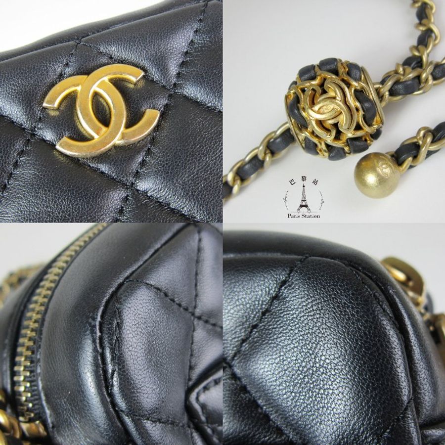 【巴黎站二手名牌專賣店】*現貨*CHANEL香奈兒真品*AS3258黑色羊皮金雙C核桃金球小方包 肩背斜背包-5