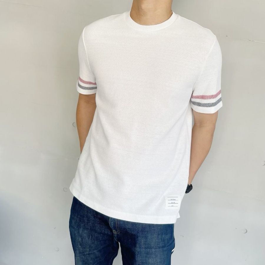 THOM BROWNE 白色紋理純棉條紋短袖T恤 3號-1
