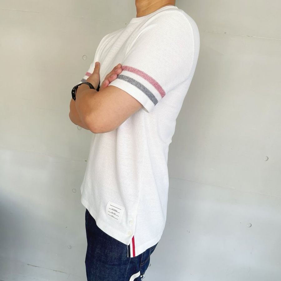 THOM BROWNE 白色紋理純棉條紋短袖T恤 3號-2