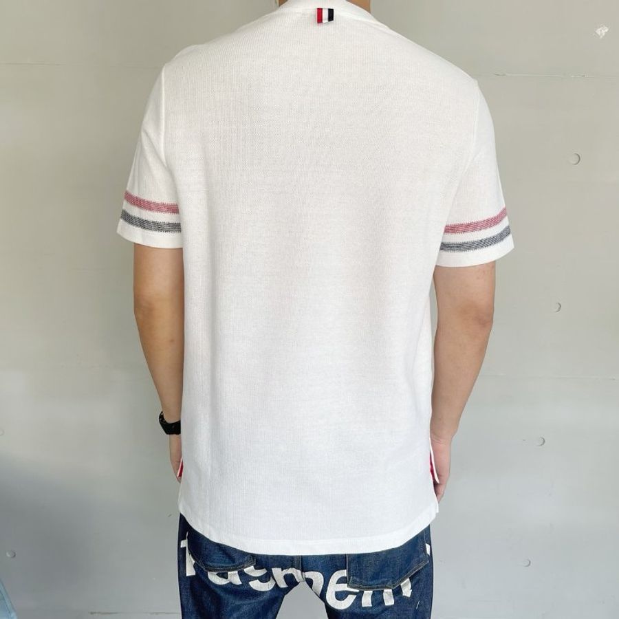 THOM BROWNE 白色紋理純棉條紋短袖T恤 3號-3