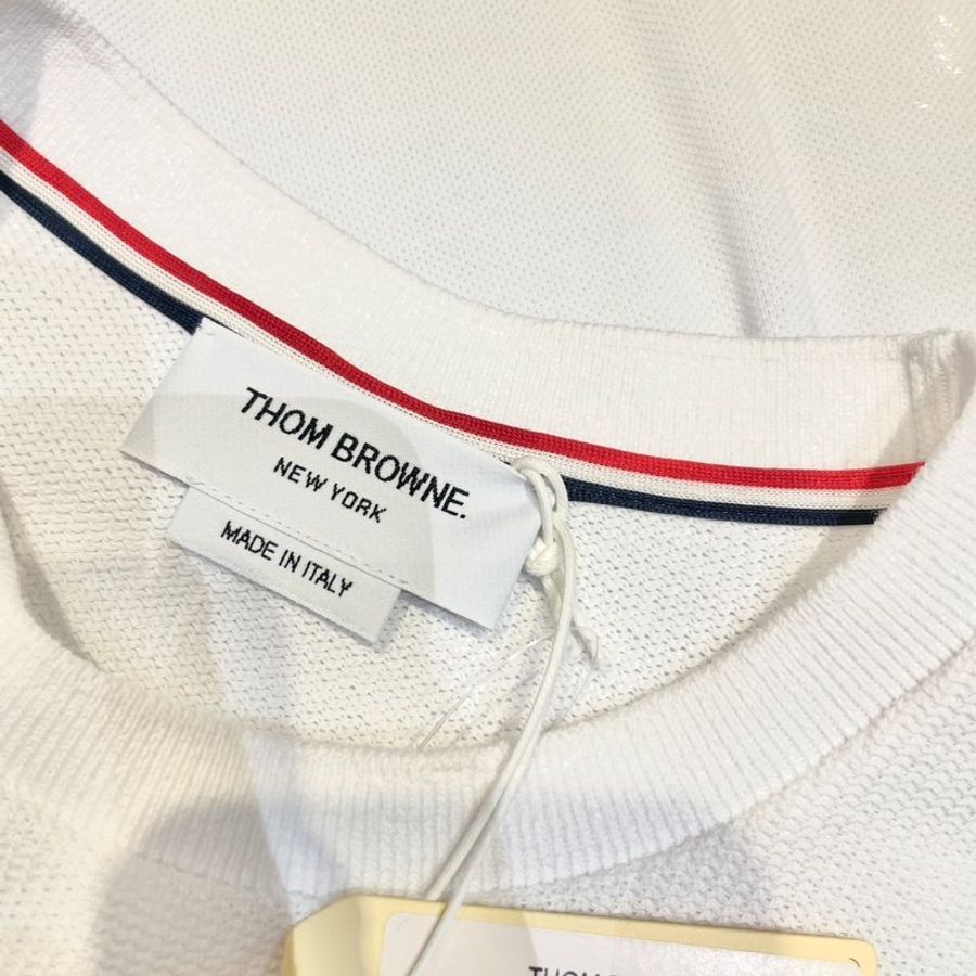THOM BROWNE 白色紋理純棉條紋短袖T恤 3號-6