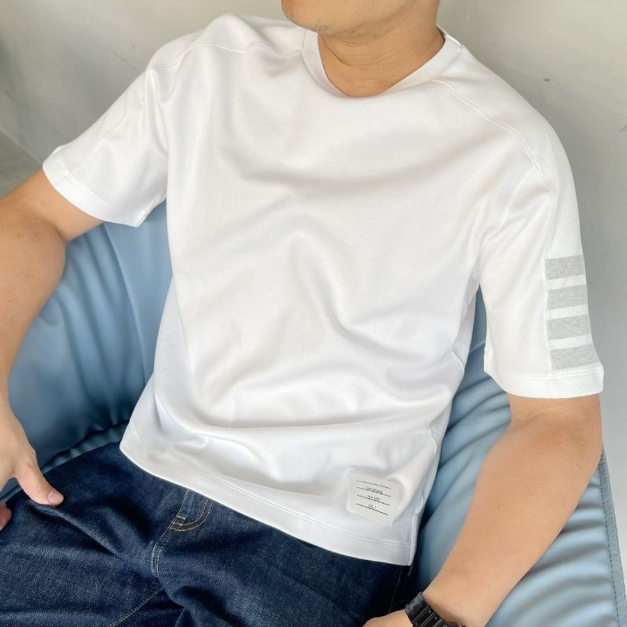 THOM BROWNE 白色棉質灰四槓短袖T恤 3號-0