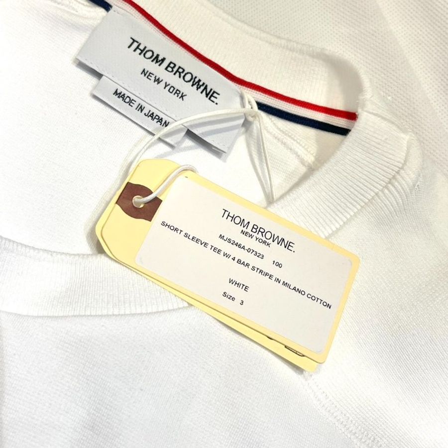 THOM BROWNE 白色棉質灰四槓短袖T恤 3號-6