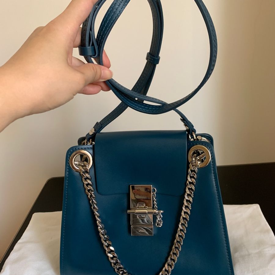 Chloe Annie 金屬鍊帶插銷轉釦 肩背手提兩用包 藍綠色-1