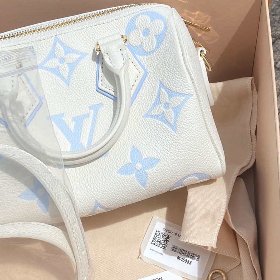 「已售出」近新LV LOUIS VUITTON Speedy Bandoulière 20 speedy全皮白色藍字波士頓包M46883-2