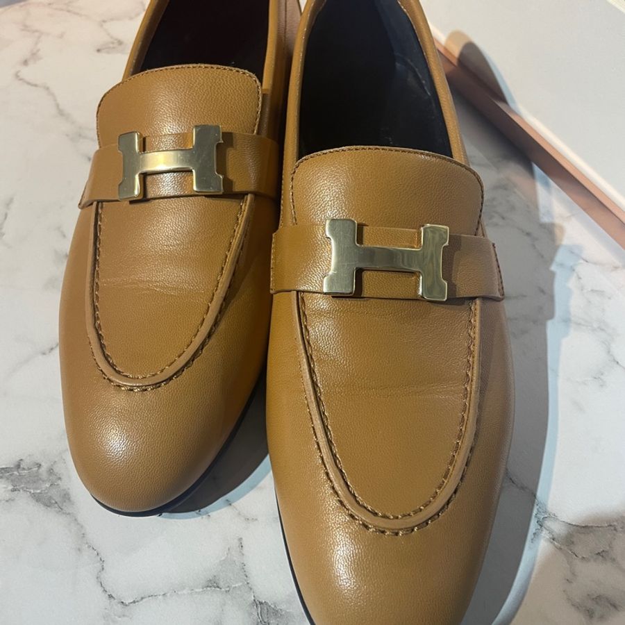 Hermes 愛馬仕 經典H logo金棕金色顯瘦樂福鞋 全新-0