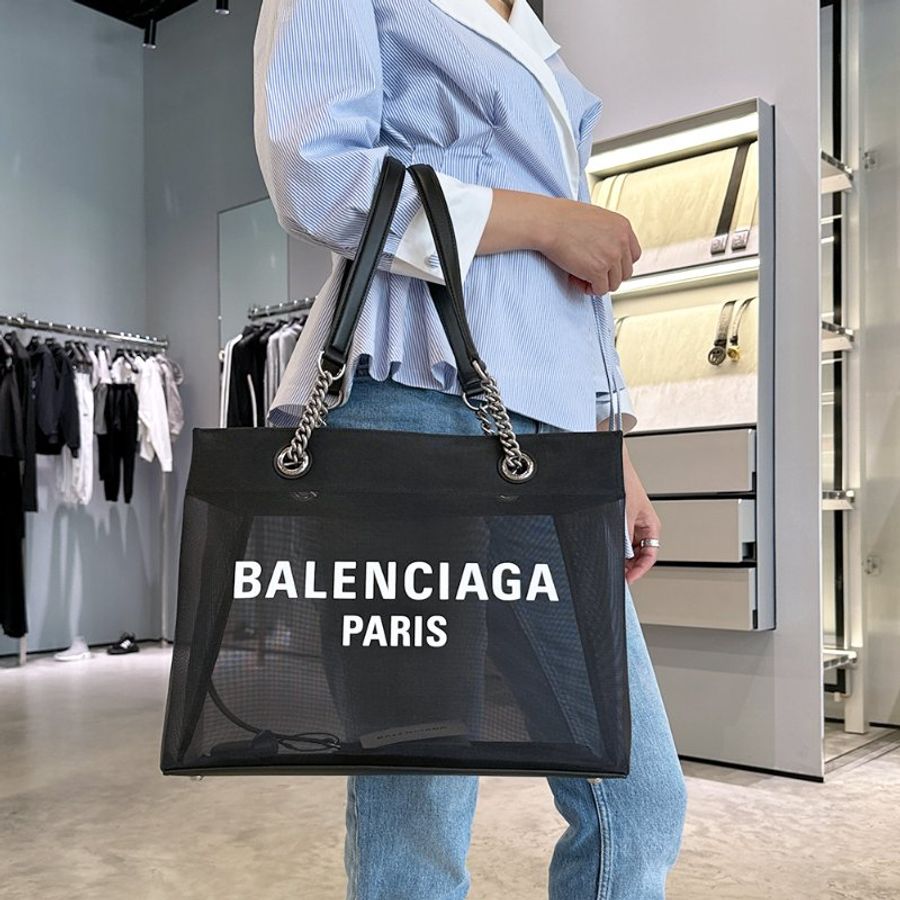 🎊佳節特賣🎁Balenciaga 741602 Duty Free M 中款網狀透視購物袋/托特包 黑色-5