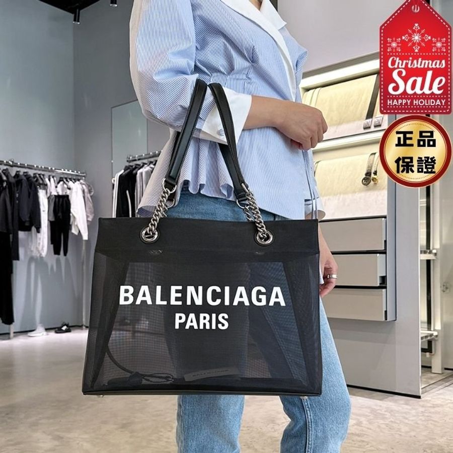 🎊佳節特賣🎁Balenciaga 741602 Duty Free M 中款網狀透視購物袋/托特包 黑色-0