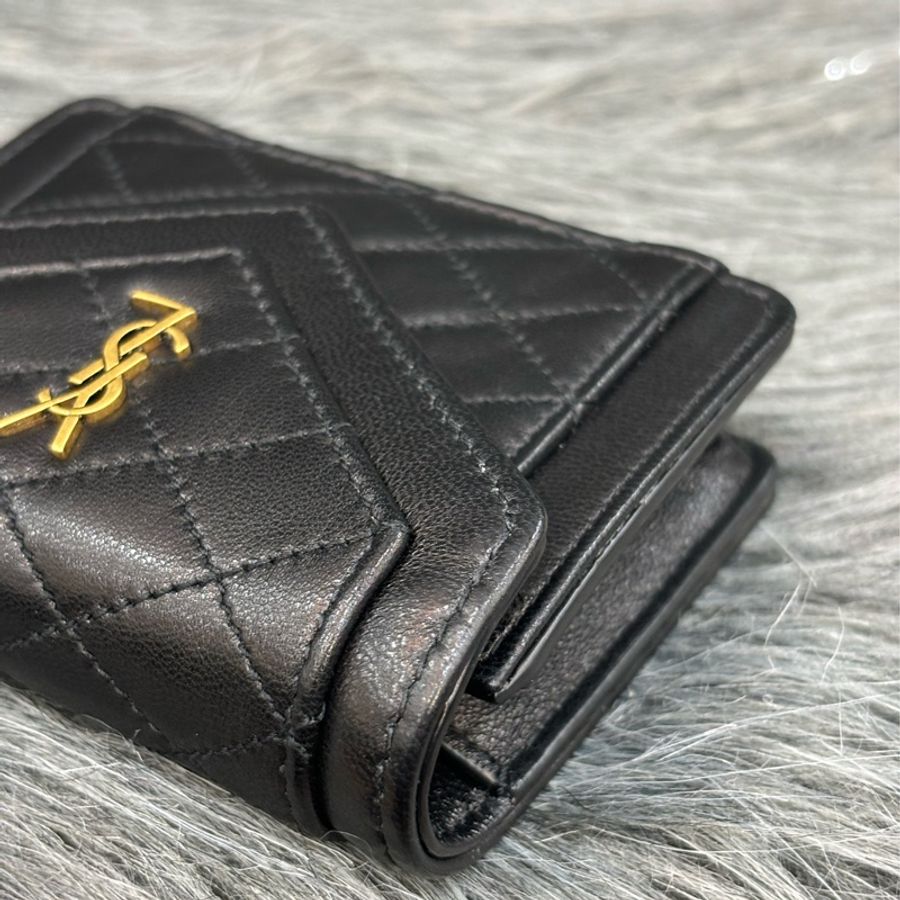 YSL 685612 黑皮 金釦 Gaby Mini鏈帶 菱格 短夾 零錢包 小廢包-11