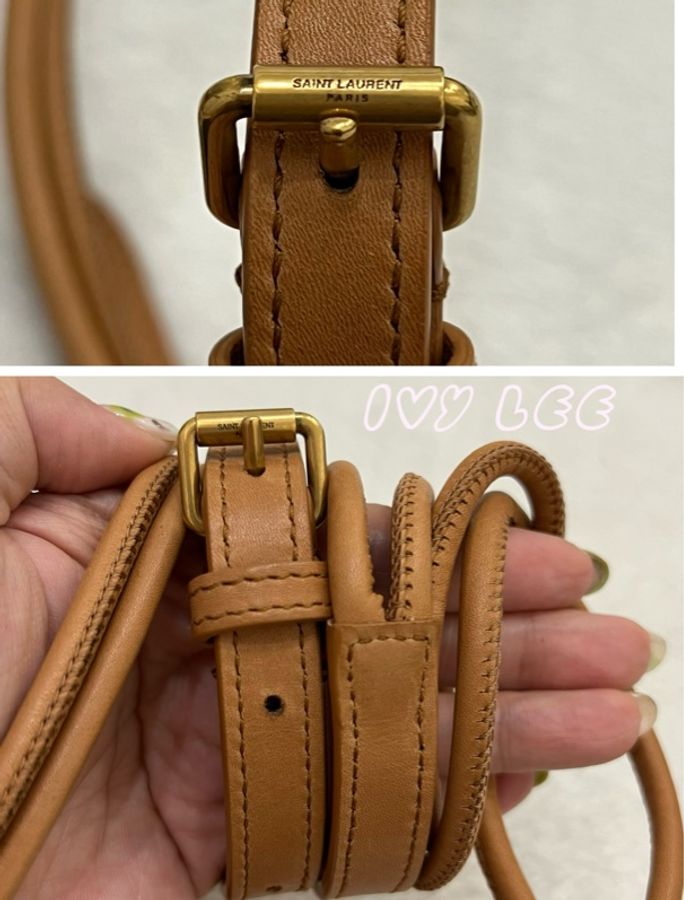 SAINT LAURENT YSL Monogramme 675260 牛皮拼接帆布 心型斜背包肩背包 米/咖 二手精品-15