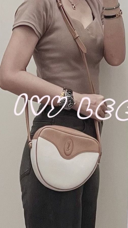 SAINT LAURENT YSL Monogramme 675260 牛皮拼接帆布 心型斜背包肩背包 米/咖 二手精品-20